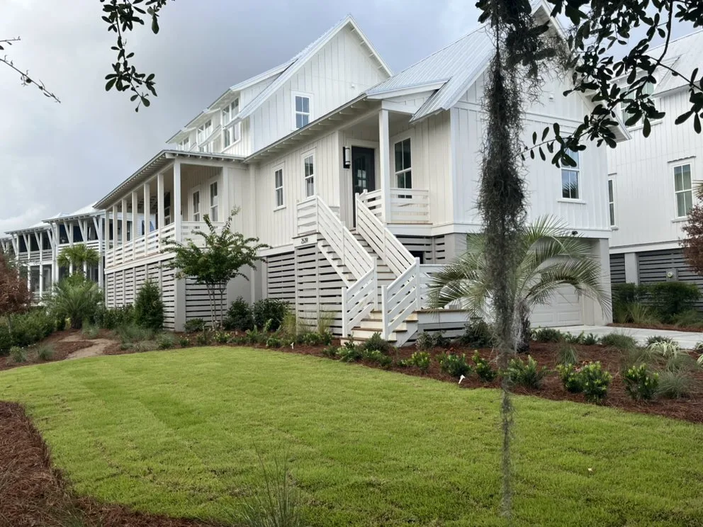 Front yard landscaping by CHS Contracting: new sod, planting beds and palms at a Charleston home