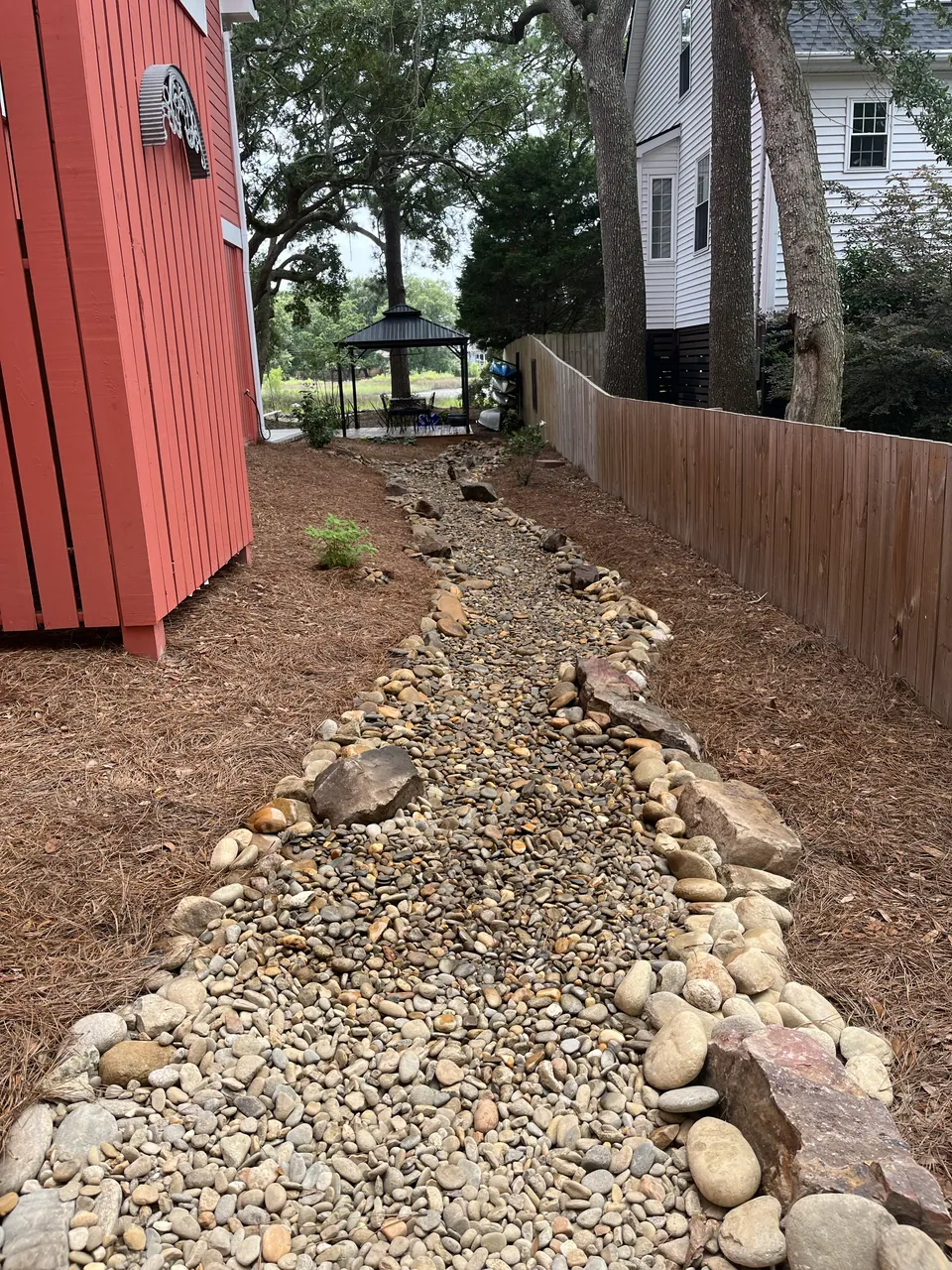 Gravel side path with rock edging beside the house