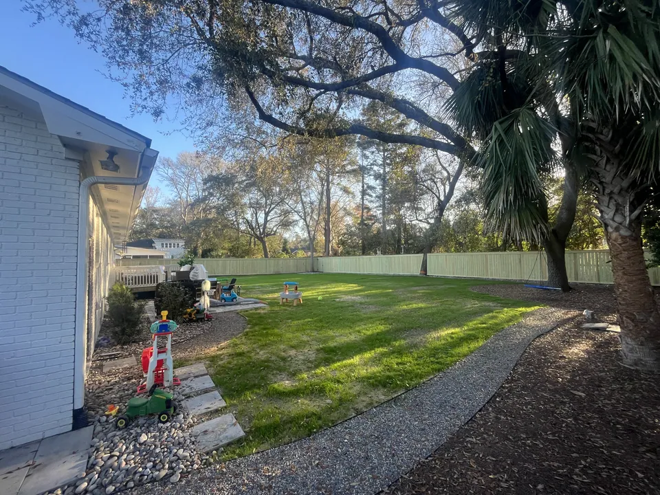 Backyard lawn with curved bed edges beneath trees in Mount Pleasant