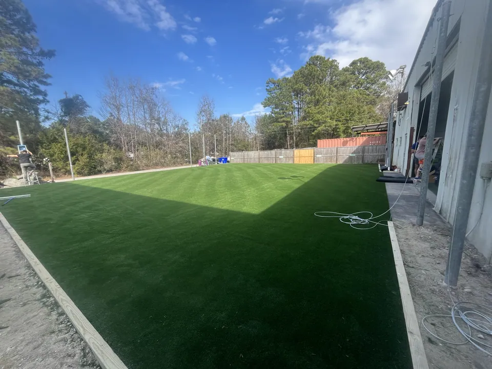 Artificial turf surface viewed along the side of the building